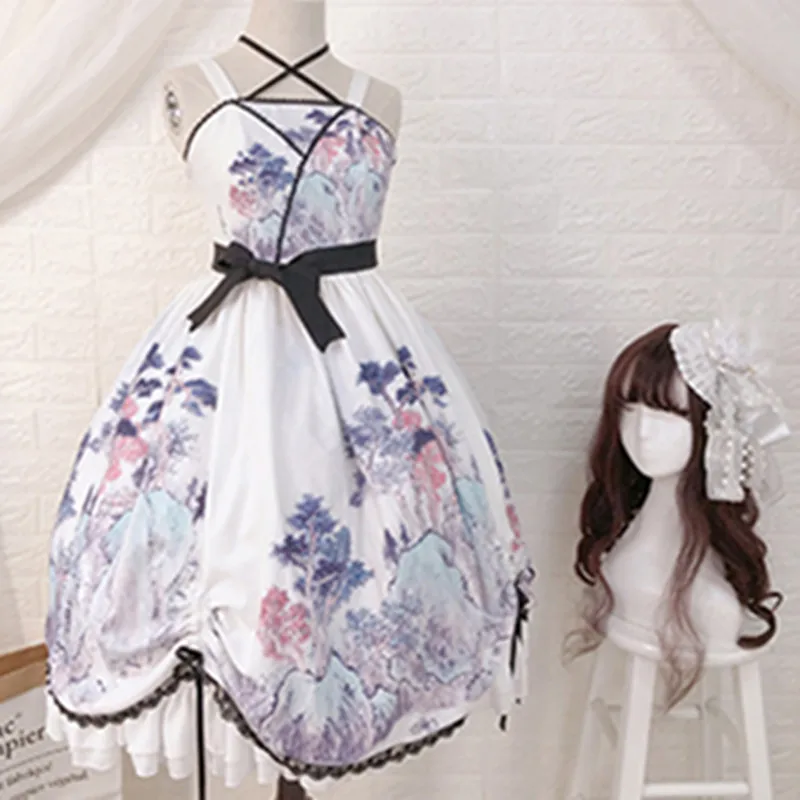 

Three Piece Lolita Dress Landscape Printed Chinese Style Chiffon Lolita One Piece Dress