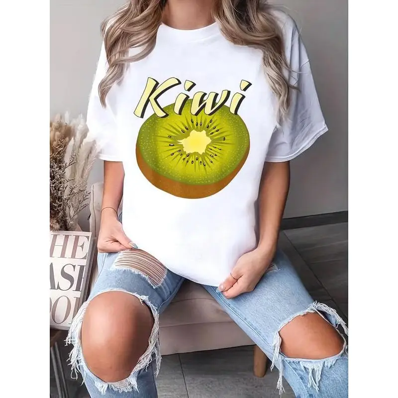 

"Women Oversized Kiwi Graphic T Shirt Summer Casual Streetwear Short Sleeve Cute Fruit Print Tee for Vacation Travel"