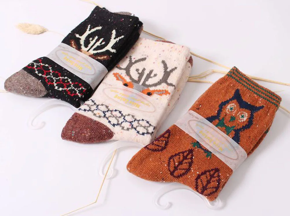 3 Paar/Set Vintage Dicke Kaninchenwollsocken für Damen Retro Winter Harajuku Tiermotive Eule Hirsch Katze Elefant Niedlich Süß – Detail 7