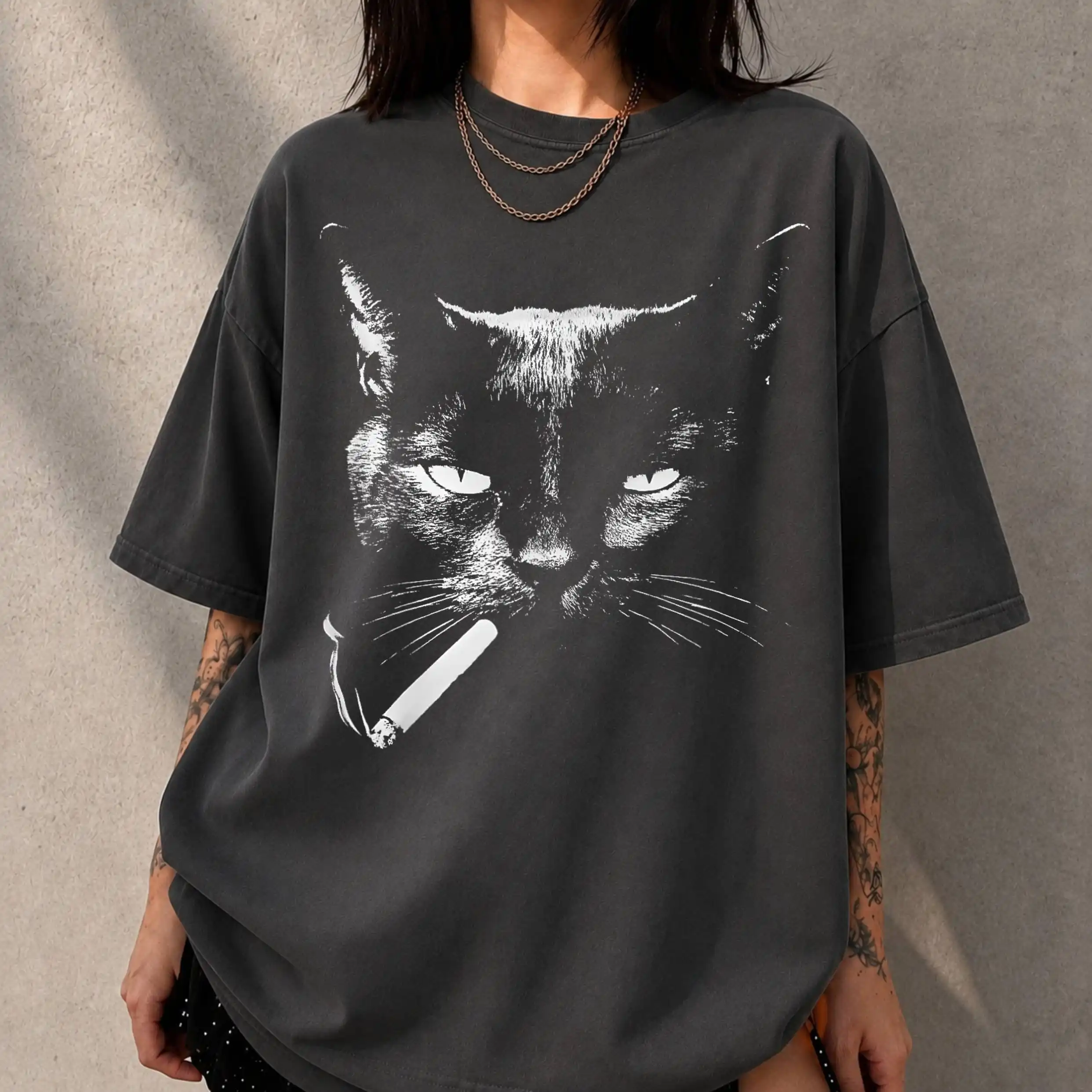 Black Cat Smoking Cigarette Shirt, Funny Smoking Cat Meme Tee, Grunge Gothic Cat Graphic T-Shirt, Cat Lover Gift Vương Anh