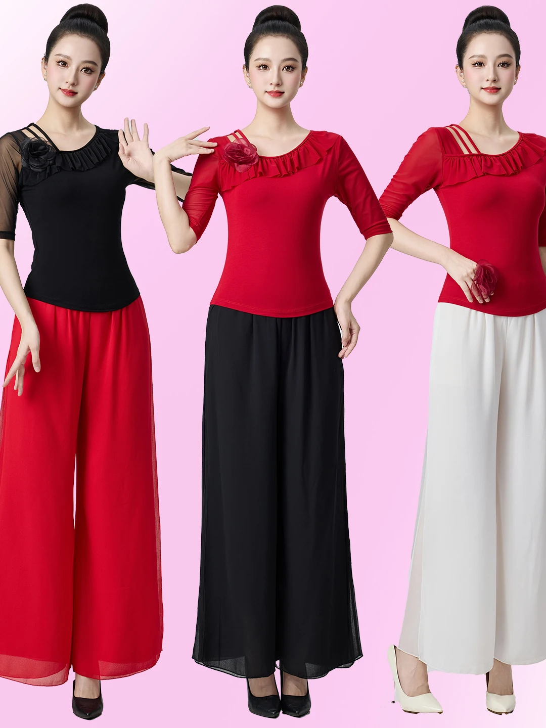 square-dance-costume-women's-slim-fit-midi-sleeve-outfit-two-piece-set-classical-dance-performance-clothes-modal-fabric