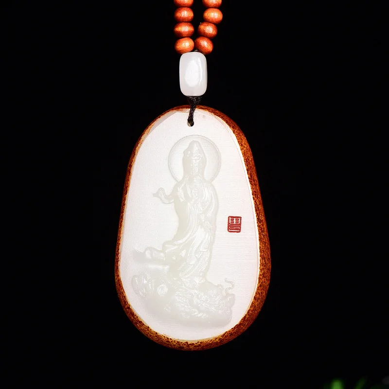 Sheep-fat white dragon Guanyin, a charming delicate pendant with shallow carving, symbolizing protection and peace