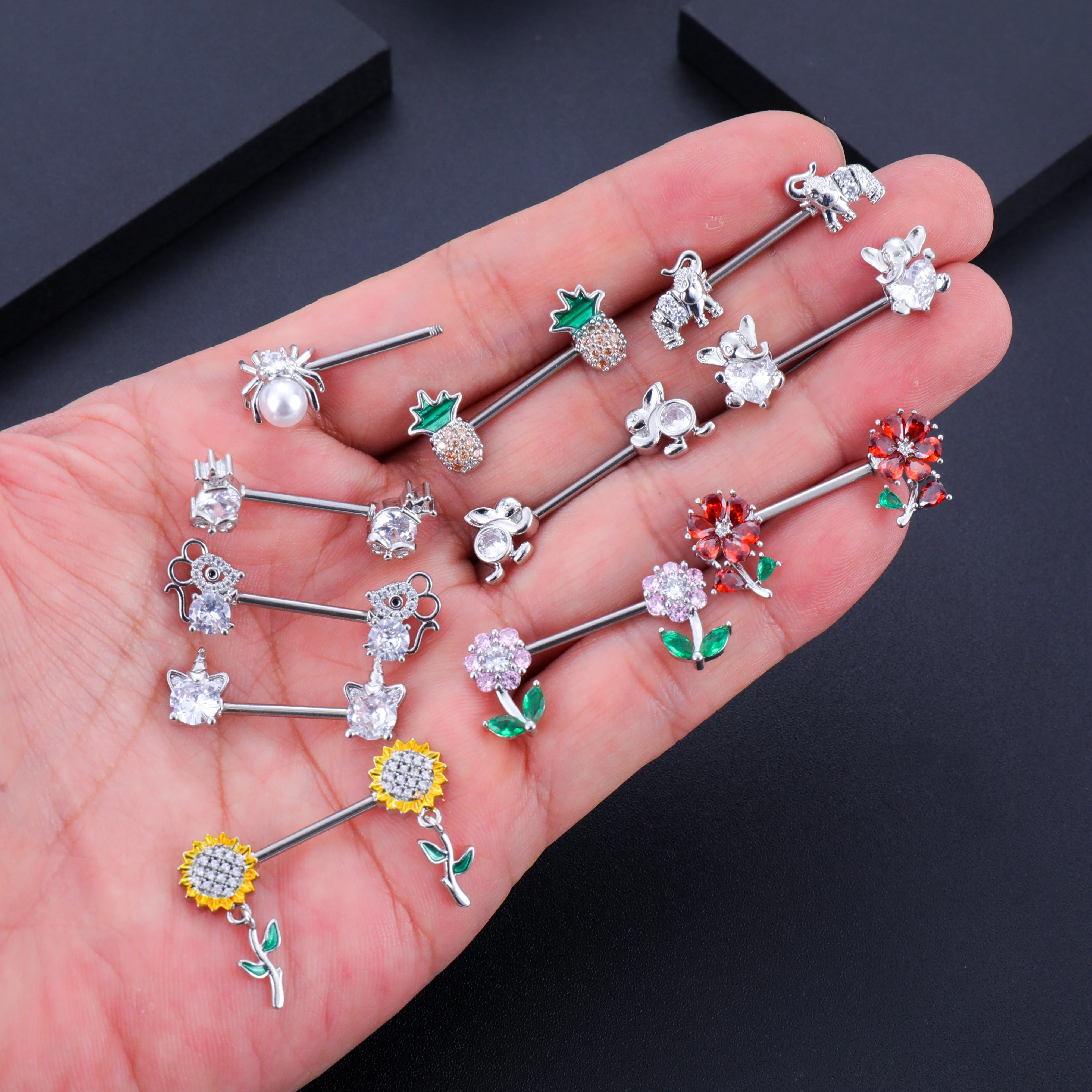 2PCS 14G Red Zircon Flower Cherry Sexy Nipple Piercing Shield Cover Barbell for Women Girls Heart Dangled Nipple Rings Jewelry