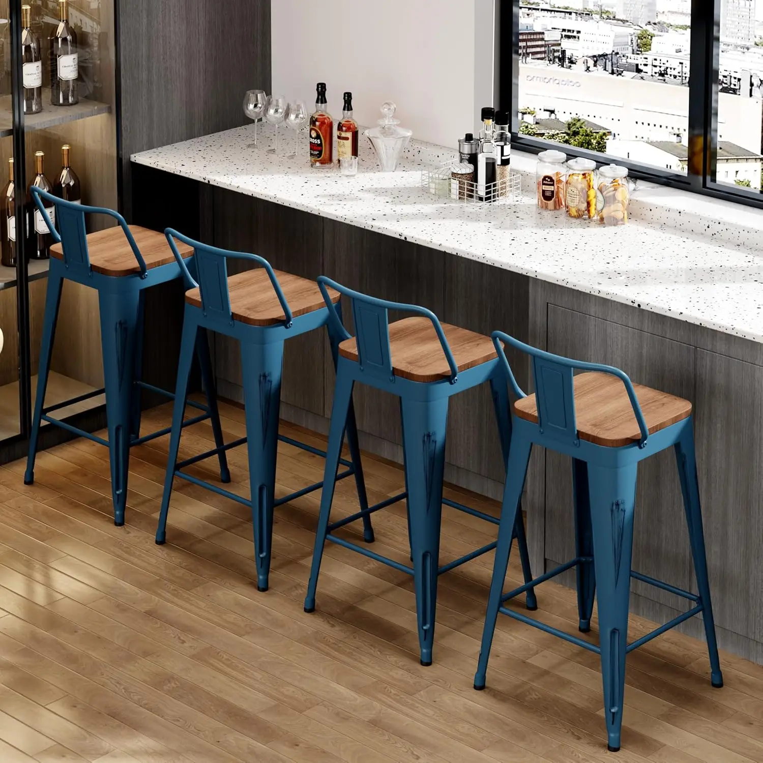 24" Metal Bar Stools Set of 4 Counter Height Barstools, Industrial Counter Stool Kitchen Bar Chairs with Modern Wooden Seat, Dis view 4