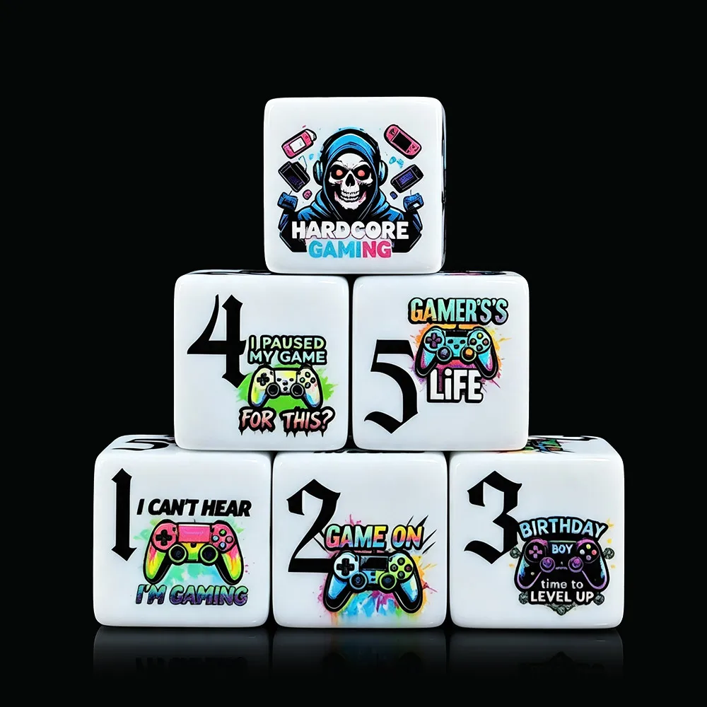 12PCS Hardcore Gamer Acrylic 16MM D6 Dice, Printed Gaming Pattern Funny Design for DND RPG TRPG Tabletop Role Playing Game Dice