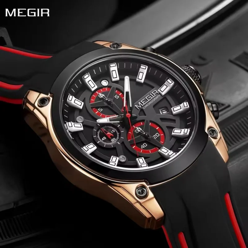 MEGIR 2144 Men's Watch Top Brand Luxury Sports Military Watch Chronograph Night Light Date Silicone Strap Men's Quartz Clock