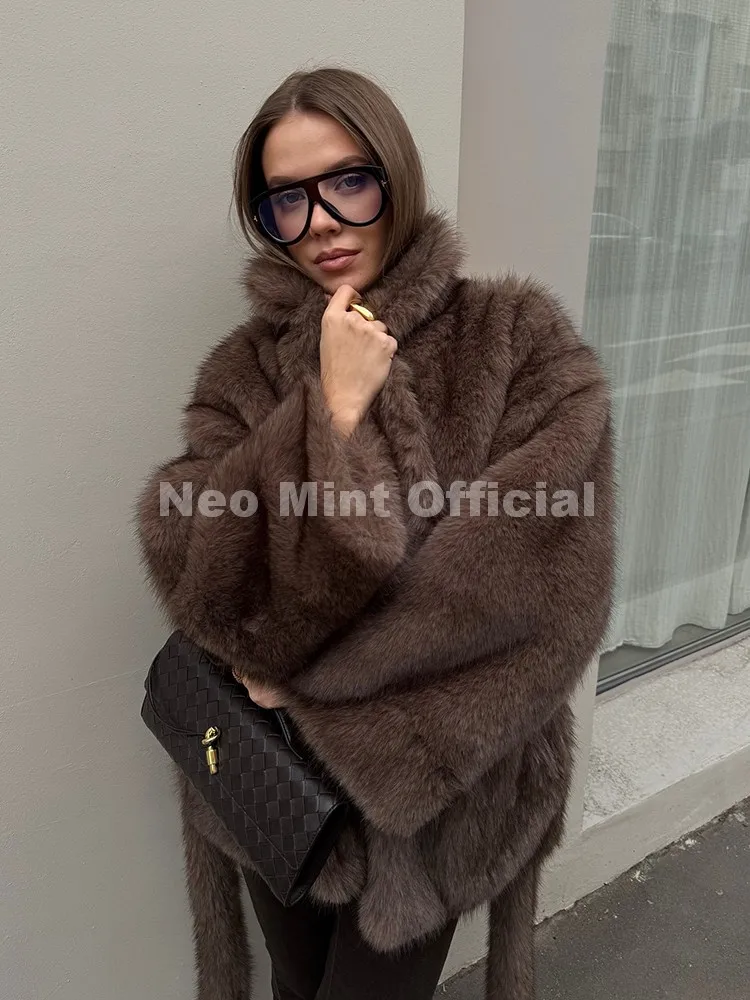 Neo Mint Mocha Brown Faux Fur Coat Women 2026 Winter Belted Wrap Jacket with Oversized Collar Plush Long Sleeve Winter Outerwear