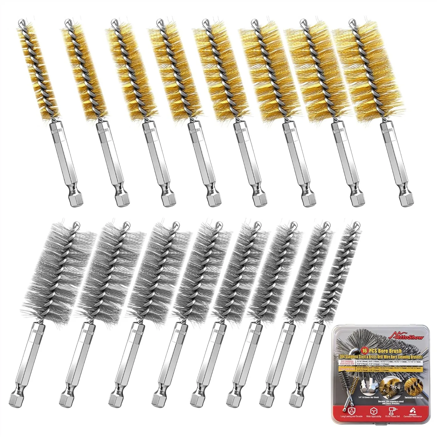 

16 Pcs Wire Brush Set For Drills, Stainless Steel And Brass Bore Cleaning Brushes With 1/4 Inch Hex Shank, Compatible With Power Drills, Grinders, And Impact Drivers (8-25mm)