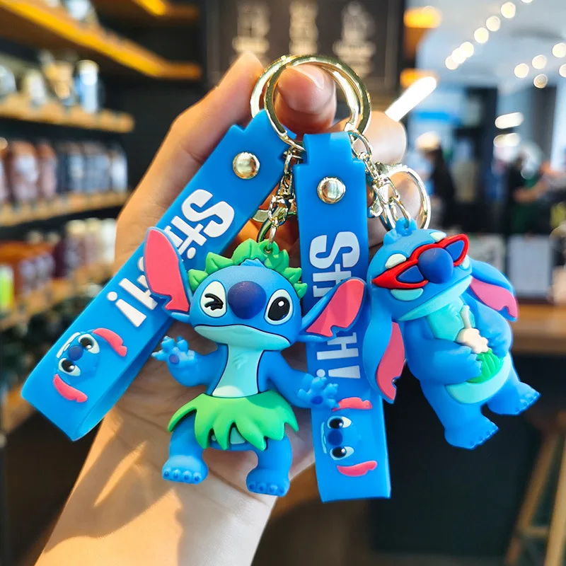 

Stitch Keychain Cartoon Cute Doll Machine Small Student Gift Car Children's Day Keychain Ring Toys Summer Surfing Grass Skirt