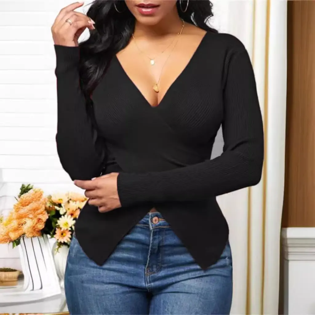 

Женская приталенная трикотажная рубашка с v-образным вырезом в рубчик в европейском и американском стиле для женщин, модный топ