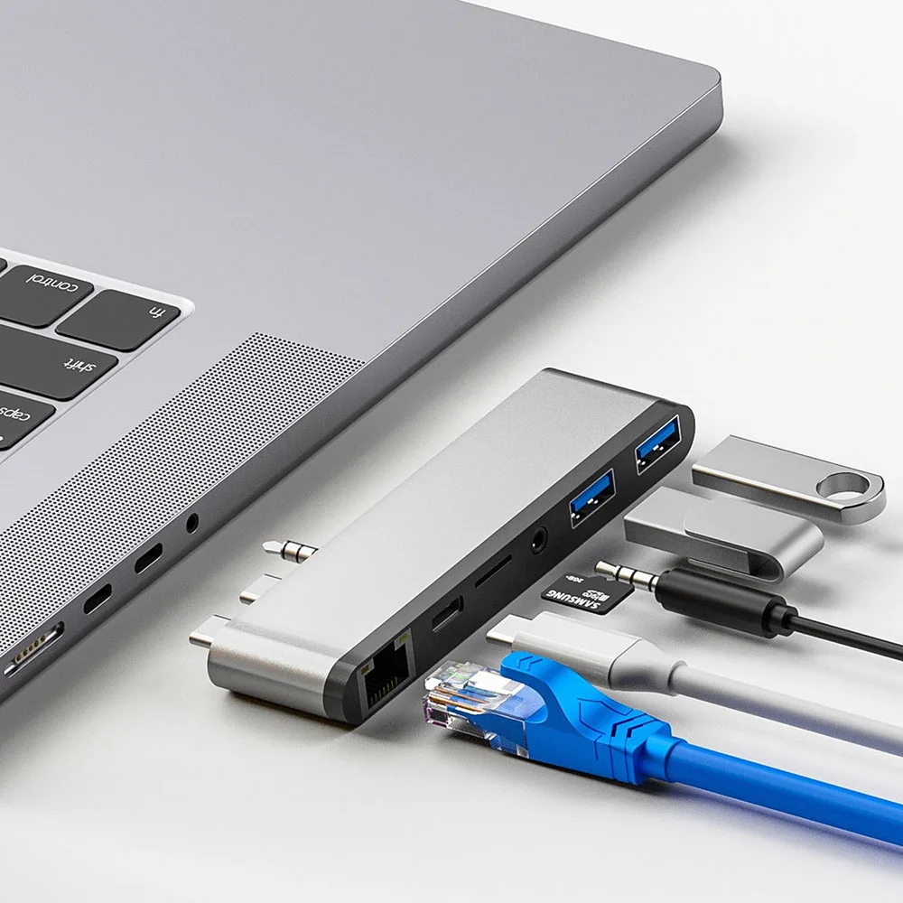 

Dual Type-C HUB to HD-MI Reading RJ45 Gigabit 6-in-1 Docking Station Suitable For 2021 MacBook Pro