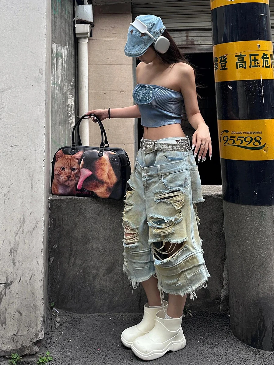 REDDACHiC Fake 2-piece Baggy Jorts Women Distressed Destroyed High Waist Wide Leg Ripped Denim Shorts Hiphop Vintage Streetwear