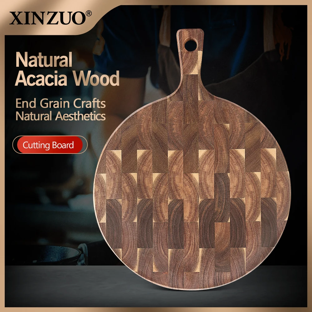 ​XINZUO Acacia End Grain Cutting Board 42.5x32cm Seamless, Ergonomic Handle Acacia Wood Surface for Heavy-Duty Meat & Vegetable