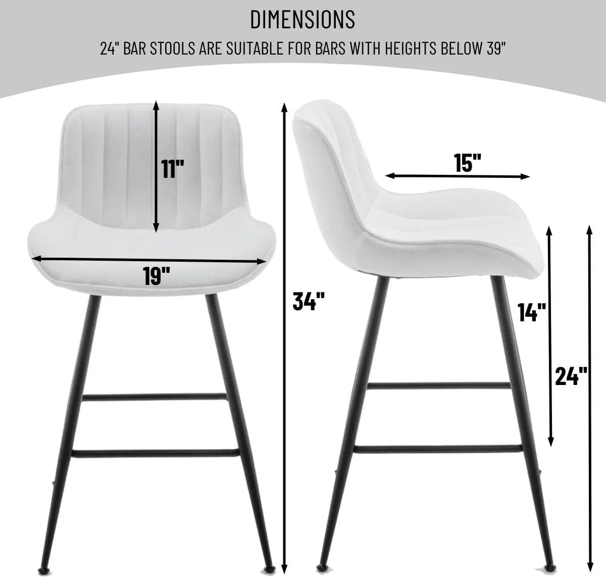 24’’ Bar Stools Set of 2 Modern Barstools White Bar with Fabric Upholstery Counter Height Bar with Low Back