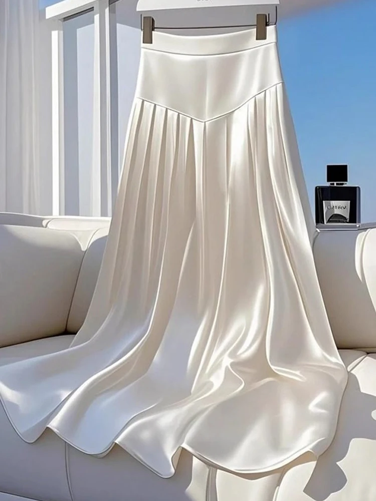 

2025 Fashion Women Summer High Waist Satin Skirts Female Midi Long A-line Skirt Ladies Solid Color Loose Casual Skirt