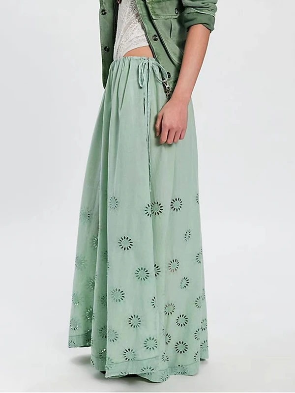 French Style Embroidered Wide Leg Pants Drawstring Cuff Hollow out Floral Cutout Casual Cotton Ladies Trousers Summer 2026
