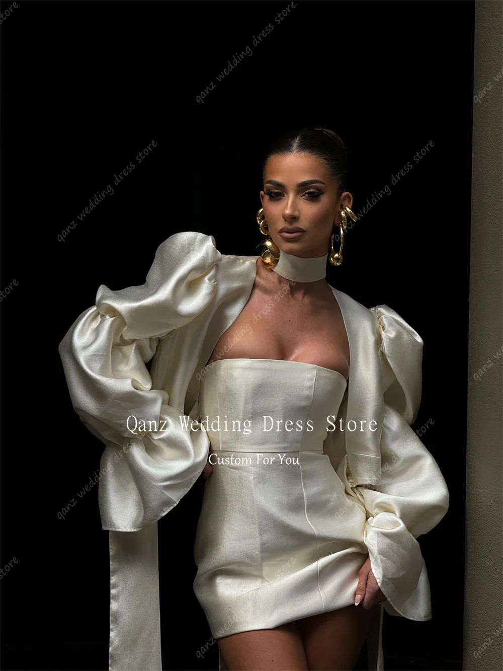Qanz Modern 2-piece Set Wedding Dress Strapless Ivory Mini Vestido De Novia Detachable Puff Sleevess Bridal Gowns Customized