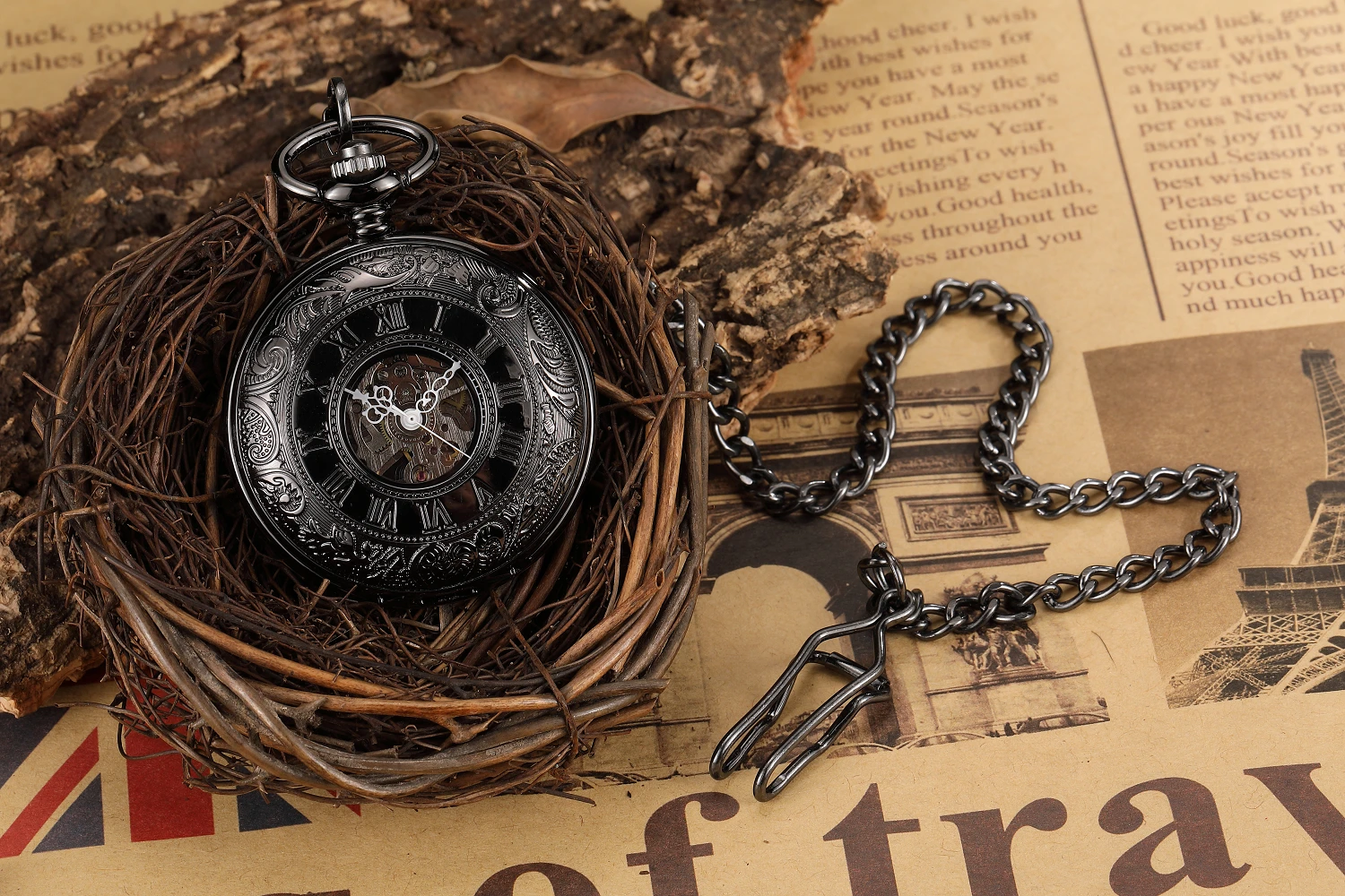 Steampunk Luxury Fashion Antique Skeleton Mechanical Pocket Watch Men Chain Necklace Business Casual Pocket & Fob Watches Black