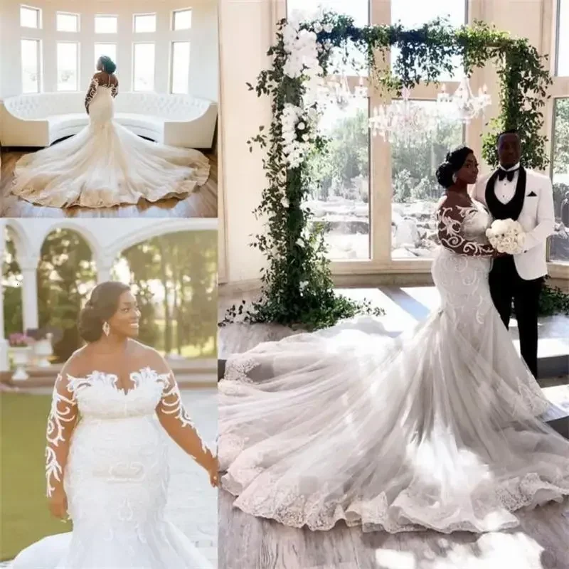 Customized Arabic Plus Size Mermaid Wedding Dresses Long Sleeves Sheer Neck Lace African Bridal Gowns Vintage Robe De Mairee