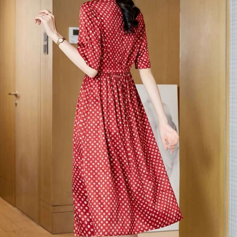 2024 Spring and Summer New Simplicity Print Fashion V-neck Commuter Versatile High Waist A-line Mid Length Temperament Dress