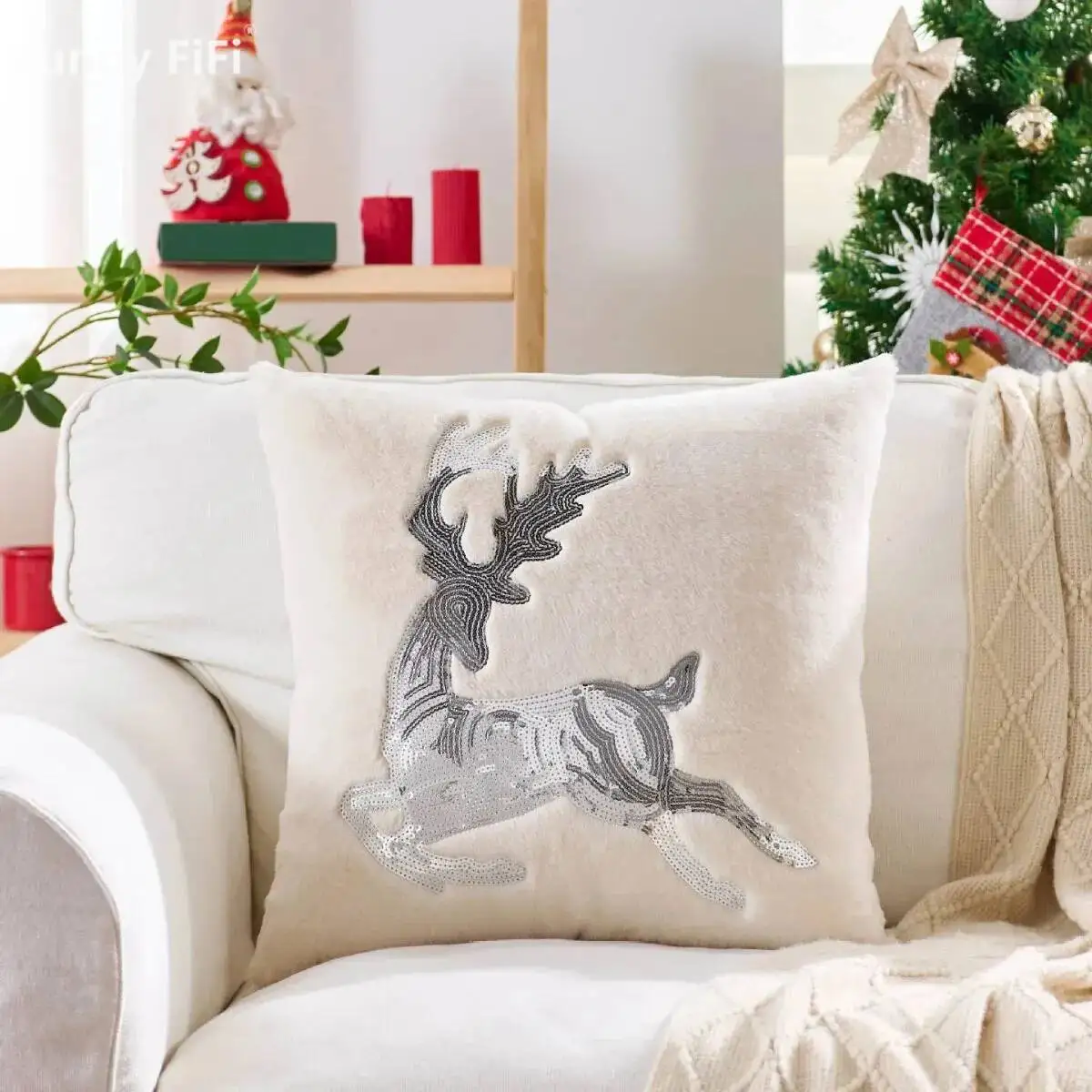 Deer Star Red Decorative Throw Pillows Cases With Pompom Soft Plush Corduroy Striped Cushion Covers For Sofa Bed Home Decor