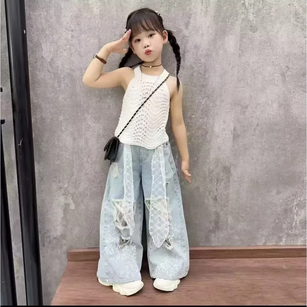 Girls' Summer Set 2026 New Korean Knitted Tank Top Lace Wide Leg Cowboy Pants Two Piece Set