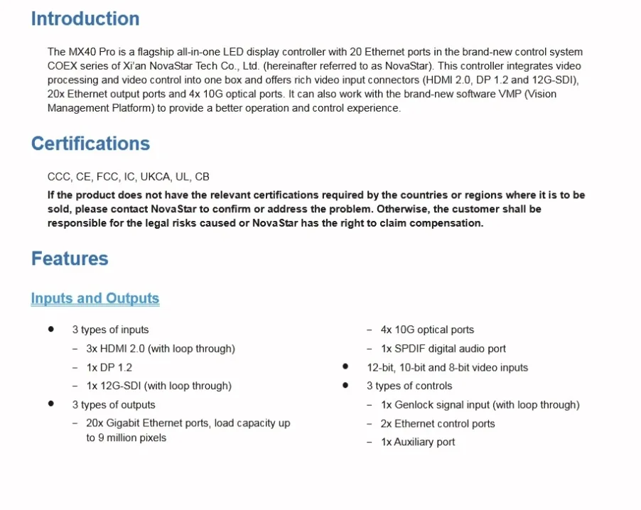 Контроллер светодиодного дисплея NovaStar MX40PRO Переключатель светодиодного видеопроцессора в серийском масштабе для мероприятий mx40pro