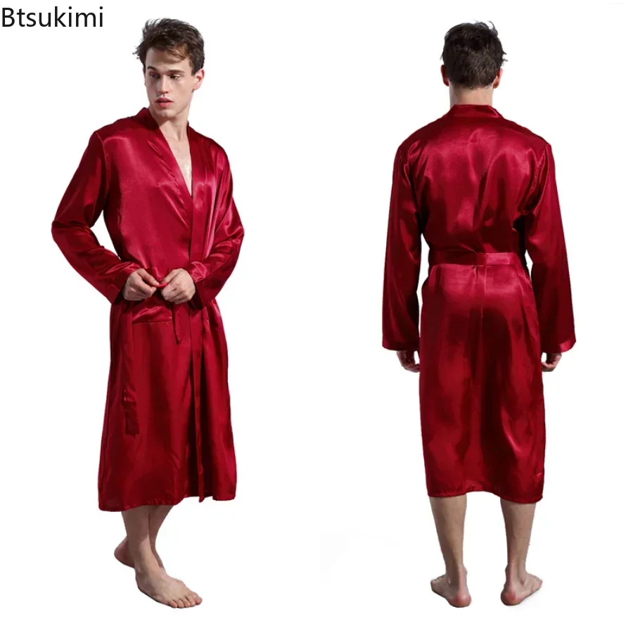 Novo 2025 roupões de cetim de seda dos homens pijamas manga longa sólido pijamas quimono masculino roupão lazer masculino loungewear roupão