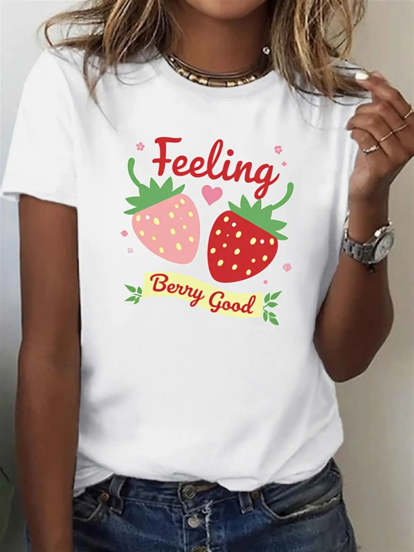 Women'S Cute Strawberry Graphic Feeling Berry Good Slogan with Smiling Strawberries Hearts Pink Casual Sleeve Round Neck Tee