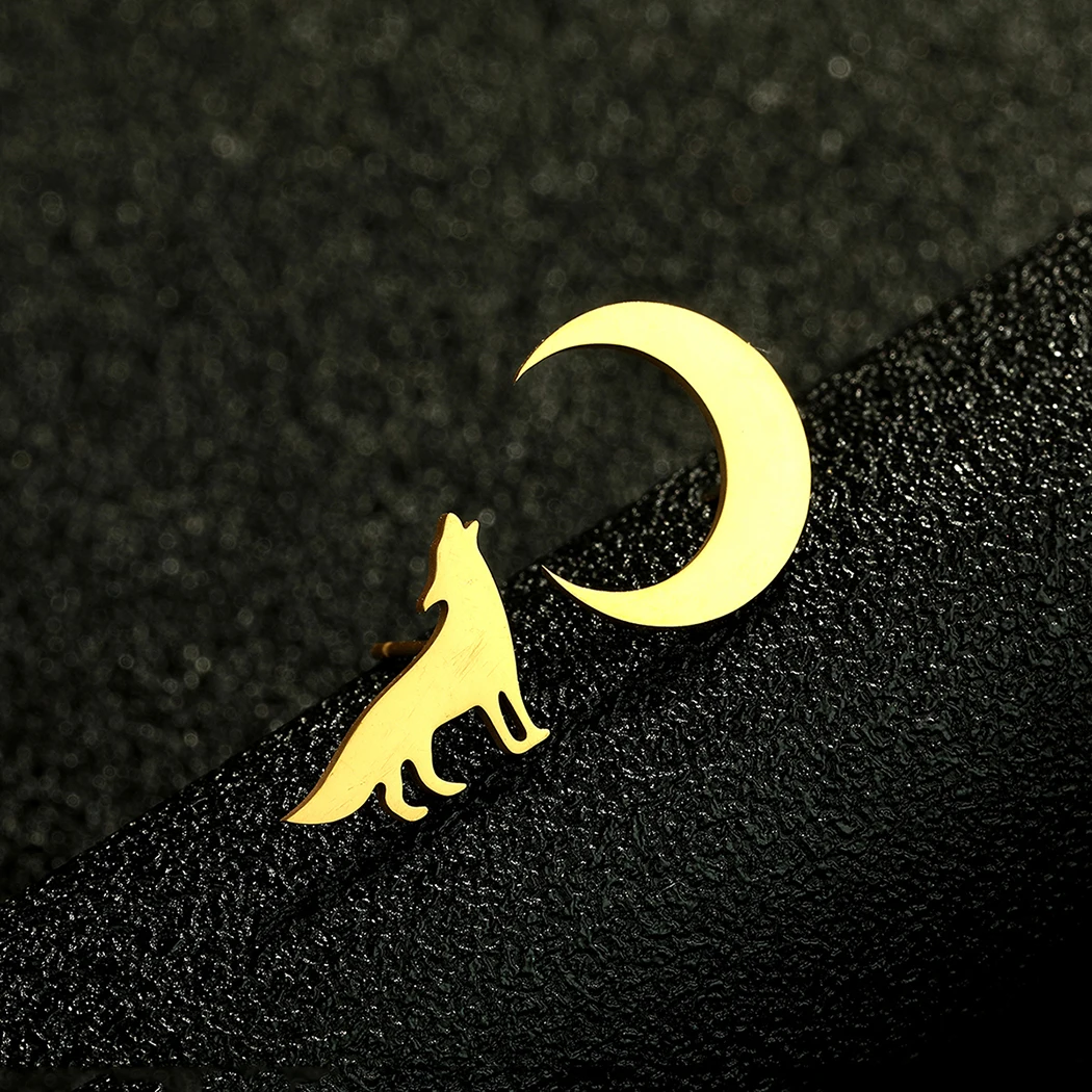 Kinitial Laser Carved Fashion Stainless Steel Asymmetric Wolf and Crescent Moon Earrings New Year Fashion Commemorative Gift