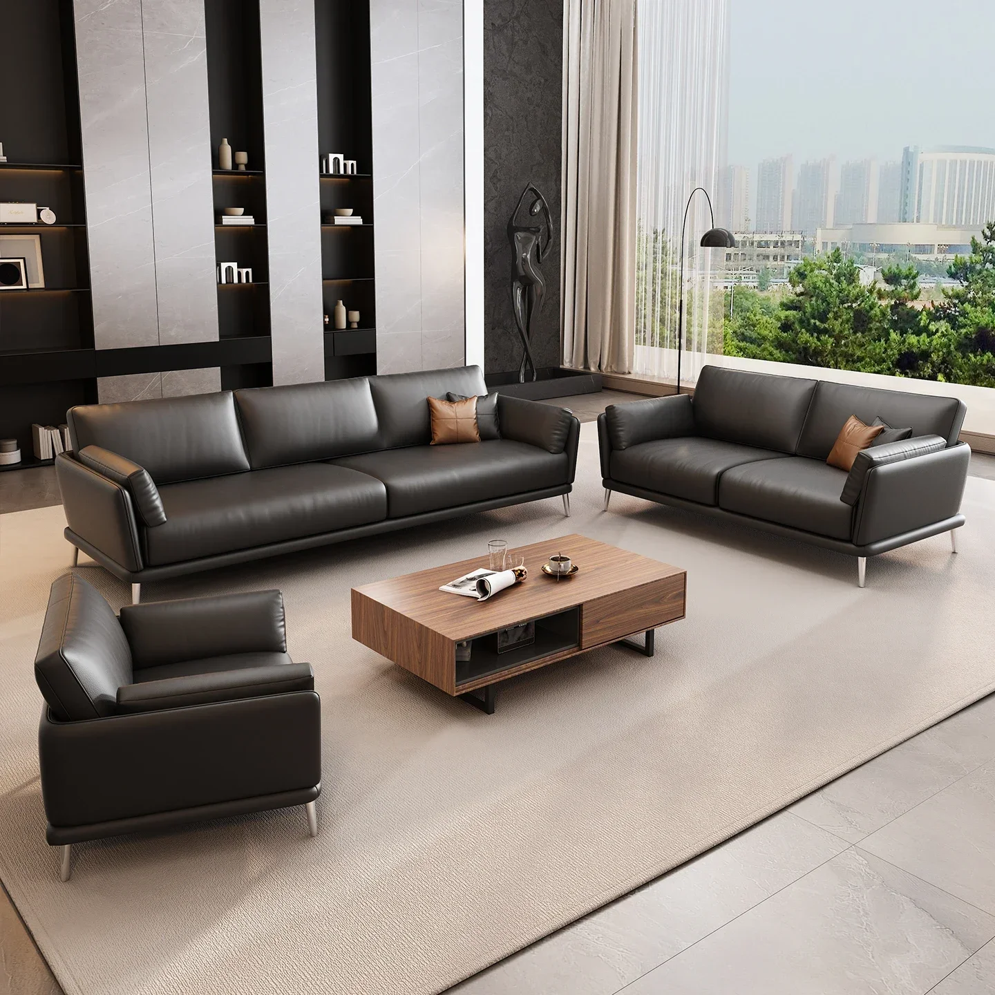 Modern simple leather office sofa boss meets guests VIP reception and rest Straight row three-person coffee table combination