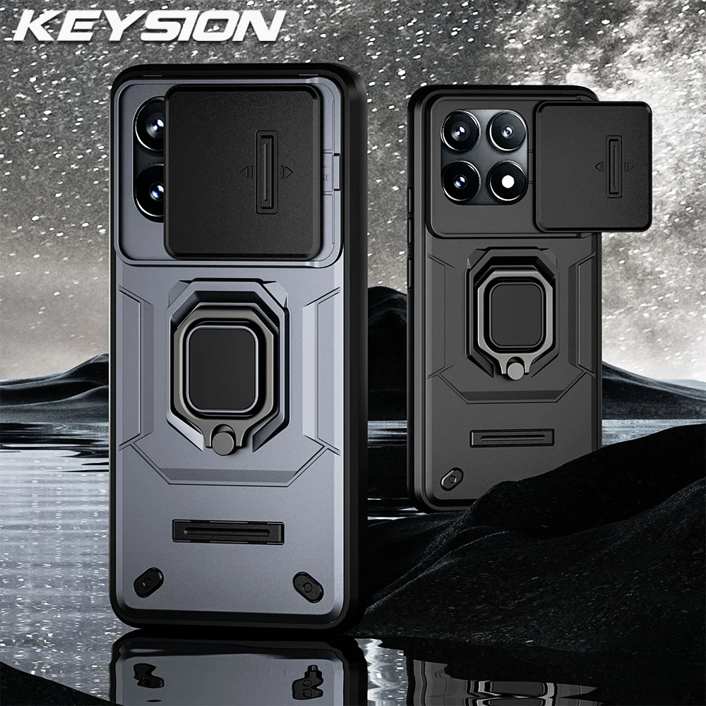 KEYSION Shockproof Case for Xiaomi POCO F6 Pro X6 Pro M6 Pro Slide Camera Protection Ring Stand Phone Cover for POCO X5 Pro 5G