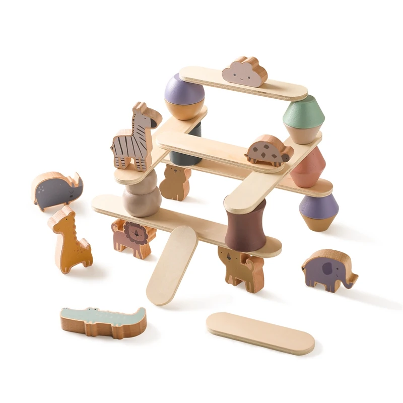 Children Montessori Toy Wooden Animal Balance Blocks Board Game Wood Animal Educational Stacking Building High Block Constructor