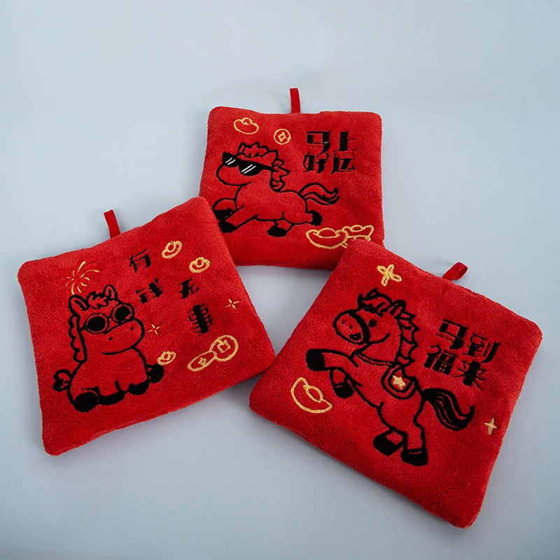 Toalla de Mano de Terciopelo Coral con Diseño de Pony Rojo de Dibujos Animados, Año Nuevo, Zodiaco, Caballo, Absorbente, de Secado Rápido, Toalla de Baño para Colgar, Decoración del Hogar