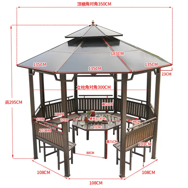 Dia 3.5meter Octagonal Pavilion Outdoor Gazebo Patio pergola Galvanized steel PC Hardtop Sun Room Carage Shelter dark brown New