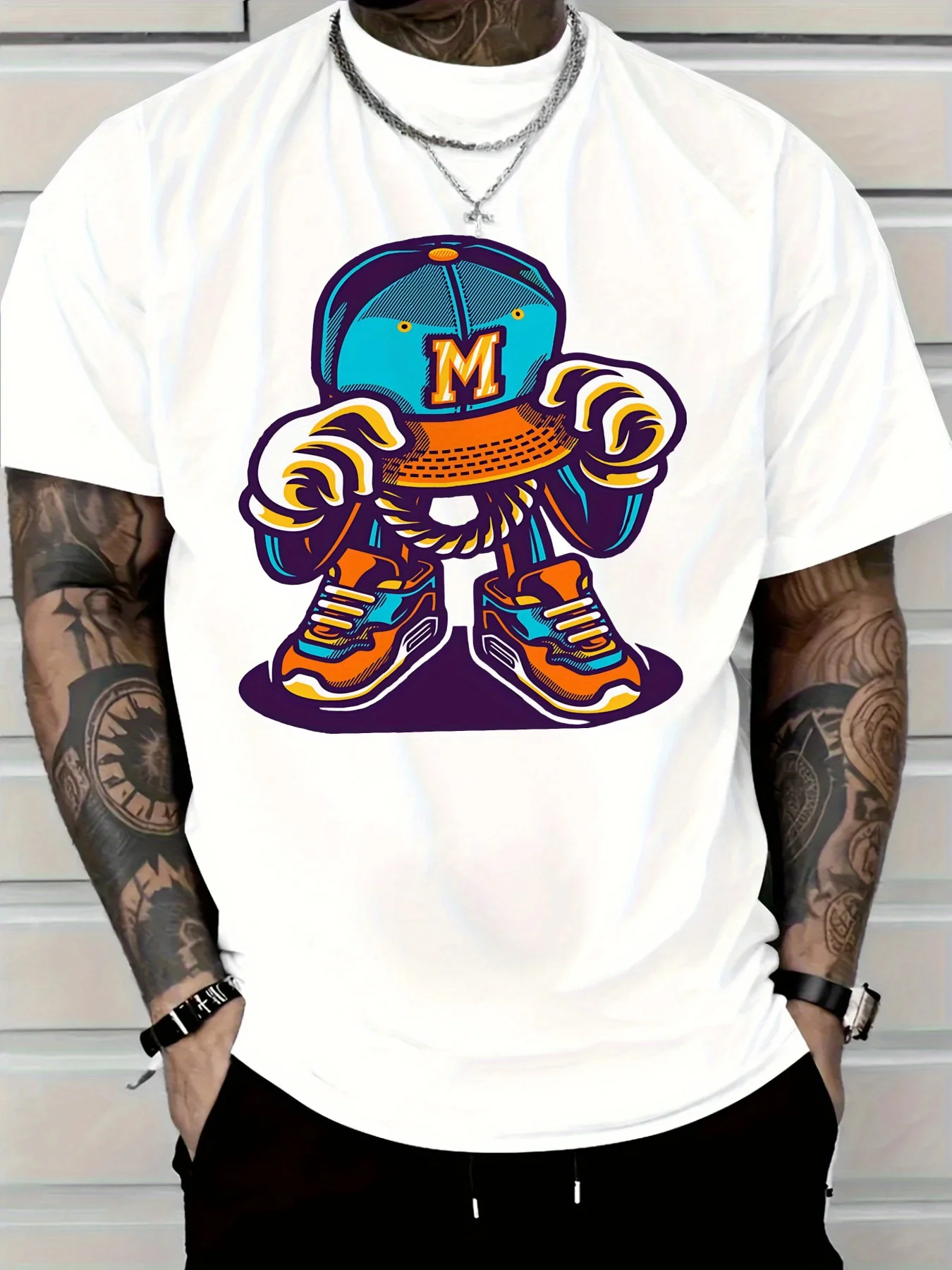 เสื้อยืดลำลองผู้ชายผ้าฝ้ายลายการ์ตูนพร้อมหมวกเบสบอลลายการ์ตูนรองเท้าผ้าใบลายกราฟิกเสื้อยืดพิมพ์ลายสตรีทแวร์สำหรับคนรักแฟชั่นปี 2025