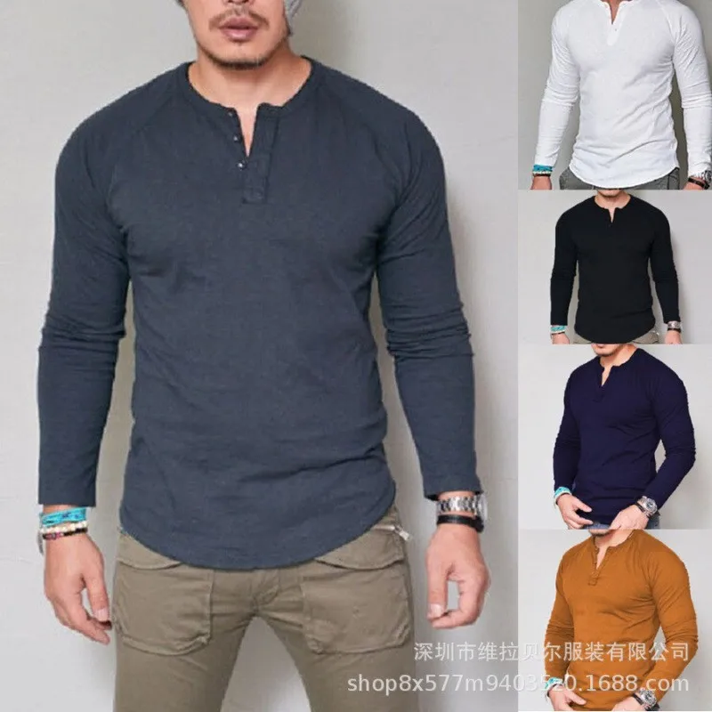 Long Sleeve Casual T Shirt Fitted with Pullover Slim Fit Collarless Round Neck Crew Neck Spring Autumn for Men