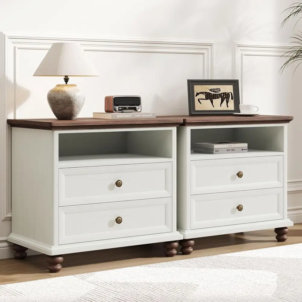 

armhouse Nightstand Set o 2, Large Bede Tables Drer with 2 Ders & 4 Solid Wood Legs, 24" Wide Rustic Wood End Side Table with St