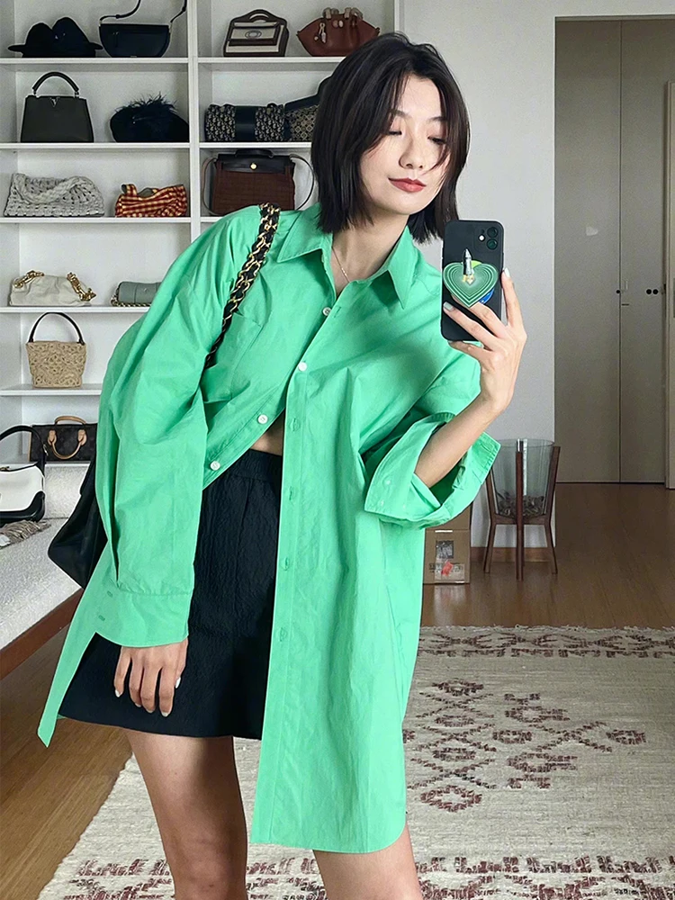 

Loose Green Shirt Women's Basic Style Street Fashion Long Sleeve Sun Protection Coat Lazy Style Spring Summer Mid-Length