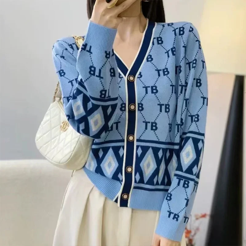 Autumn Winter New Vintage Loose V-neck Elastic Soft Knitted Cardigan Women's Clothing Fashion Letter Jacquard Wool Thin Sweaters