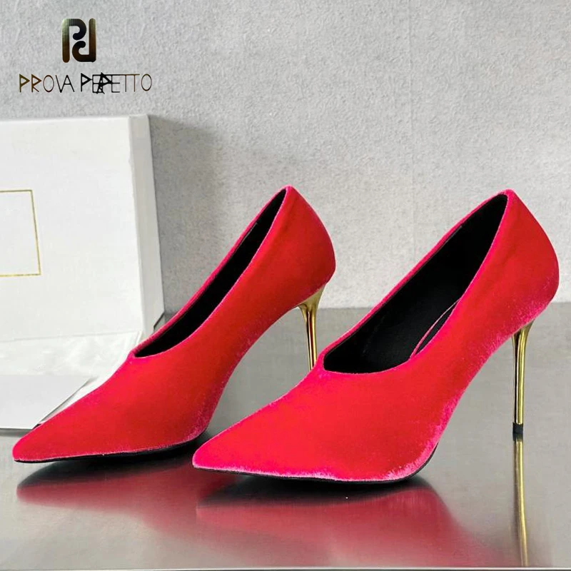 

Velvet Slim High Heel Muller Shoes Female Sexy Gold Metal Stiletto Party Sapato Slip on Deep Mouth Red Purple Runway Single Shoe