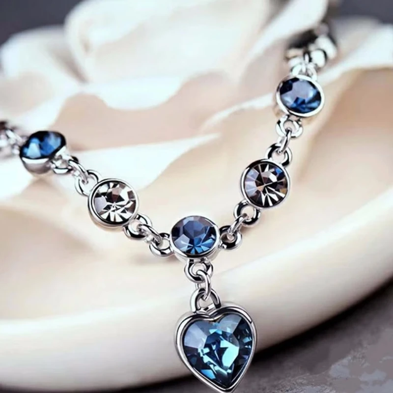 

925 Sterling Silver Lucky Blue Crystal Heart Bracelet For Female Charm Pulseras Bracelet Bridal Wedding Party Fine Jewelry