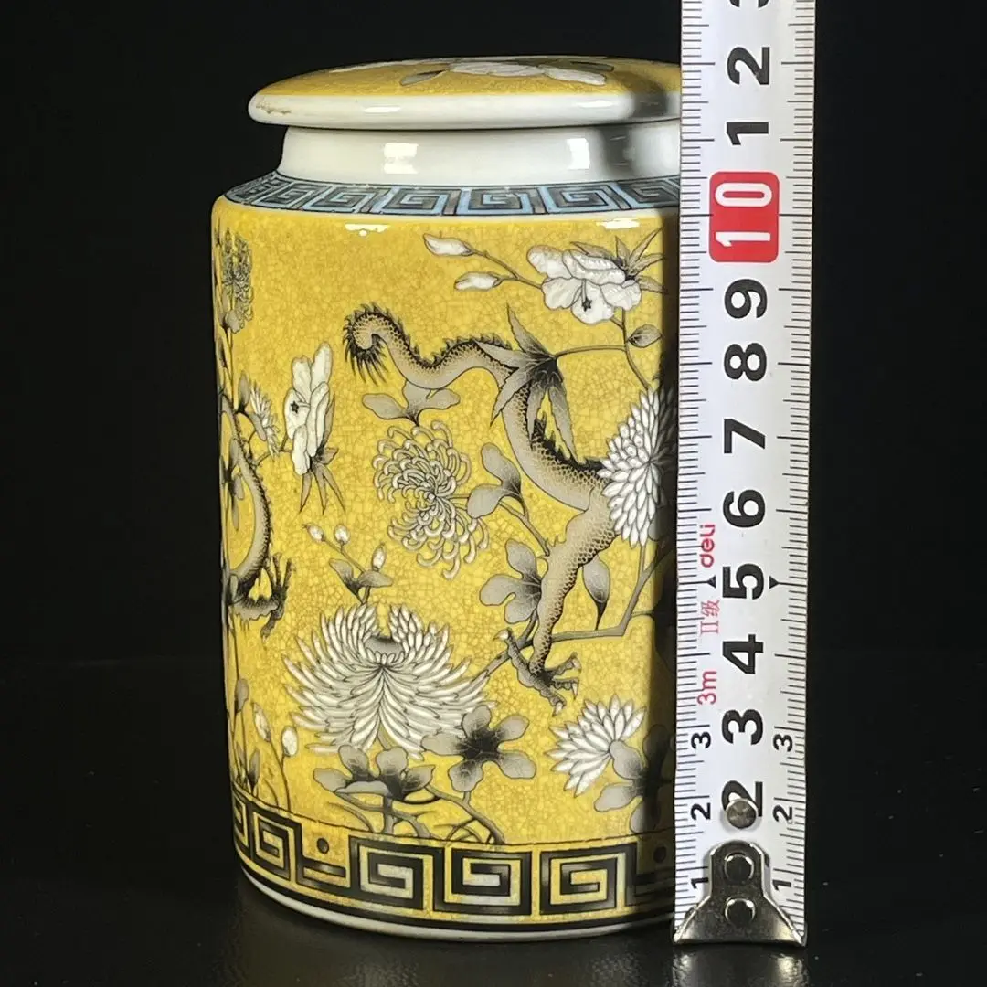 Chinese Wenwan Porcelain Tea Storage Jar, Yellow Crackle Glaze Ink Color Dragon Pattern Covered Canister