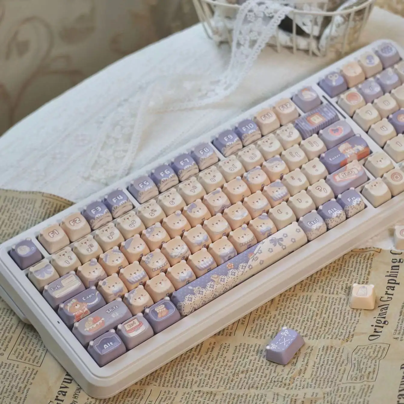 Imagem -02 - Gato Kawaii Teddy Bear Cabeça Keycap Estilo Lolita Kawaii Teclas Roxas Altura Pbt Teclado Mecânico Faça Você Mesmo 147 Teclas