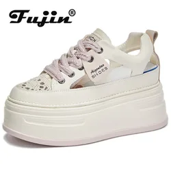 Fujin 9 cm Air Mesh vera pelle da donna casual piattaforma con zeppa tacco nascosto scarpe estive sneakers robuste sandali cavi moda