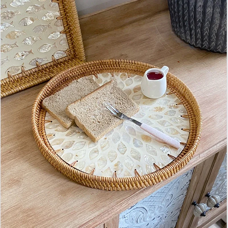 Handmade rattan shell color storage circular household living room light luxury picnic fruit basket candy restaurant tray