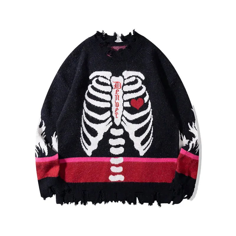 

Men's Fahsion High Street Skeleton Hip Hop Sweater Streetwear Vibe Style Y2K Knitted Jumper Ripped Knitwear Pullover Tops