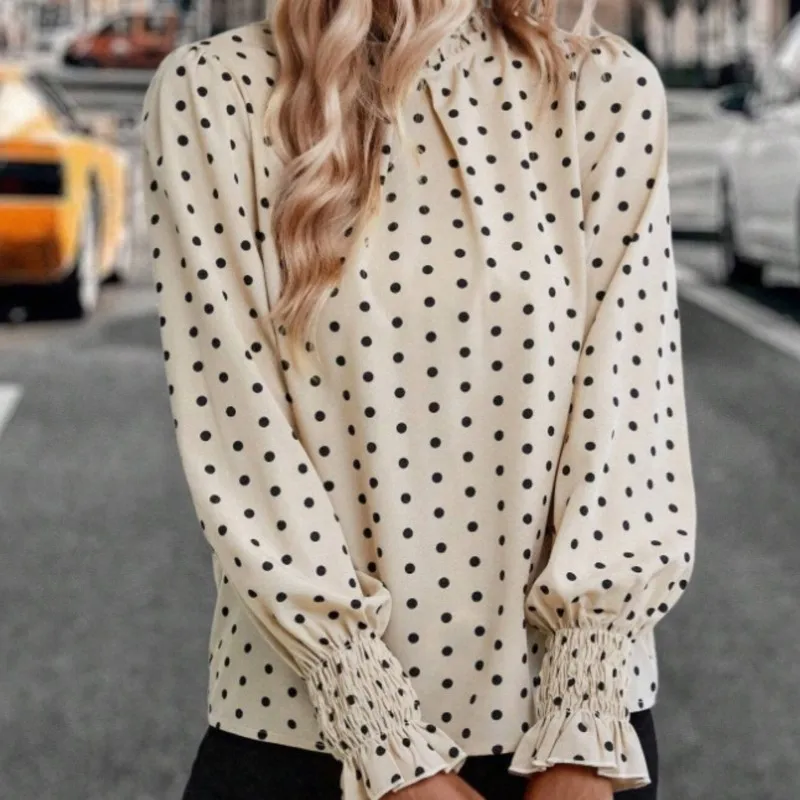 

Women's Shirt Fashion Polka Dot Printed Design Shirt New Lantern Long Sleeve High Neck Women Casual Breathable Top Fiber Fabric