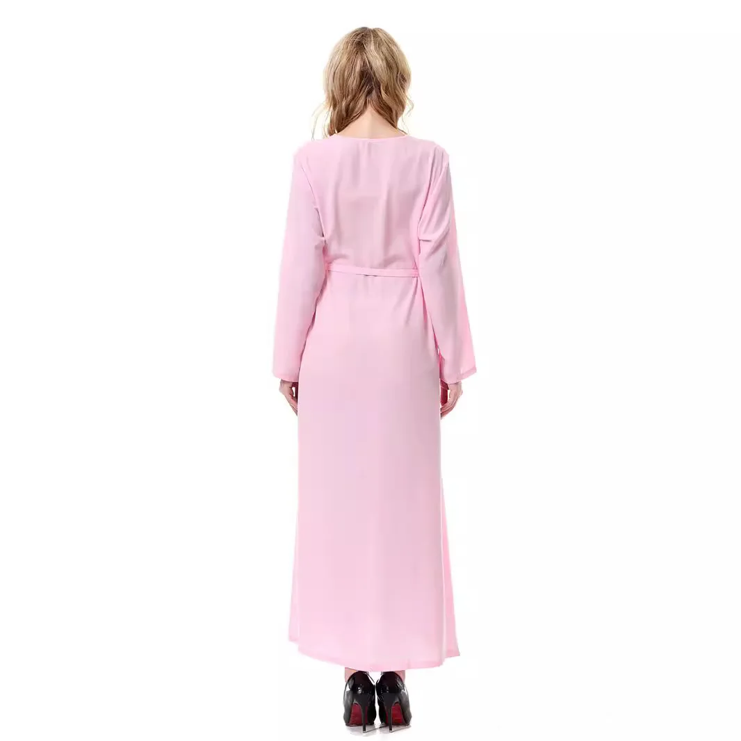 Women's Solid Color Casual Trendy Long Sleeve O-neck Zipper Sashes Ankle Length Dresses Female Clothes Arab Muslim New Fashion