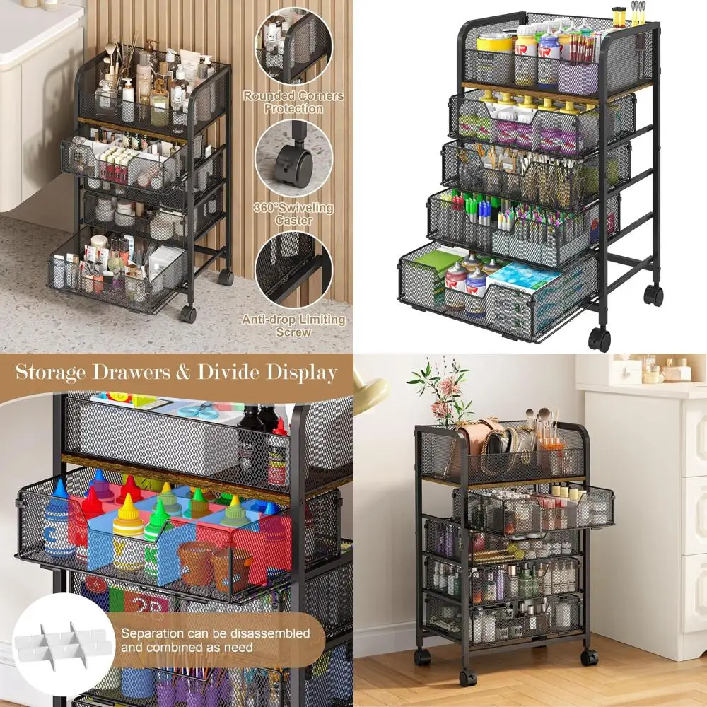 

5-уровневая тележка-органайзер на колесиках с запираемыми колесами, тележка для хранения макияжа, офисных принадлежностей и домашнего использования черного цвета